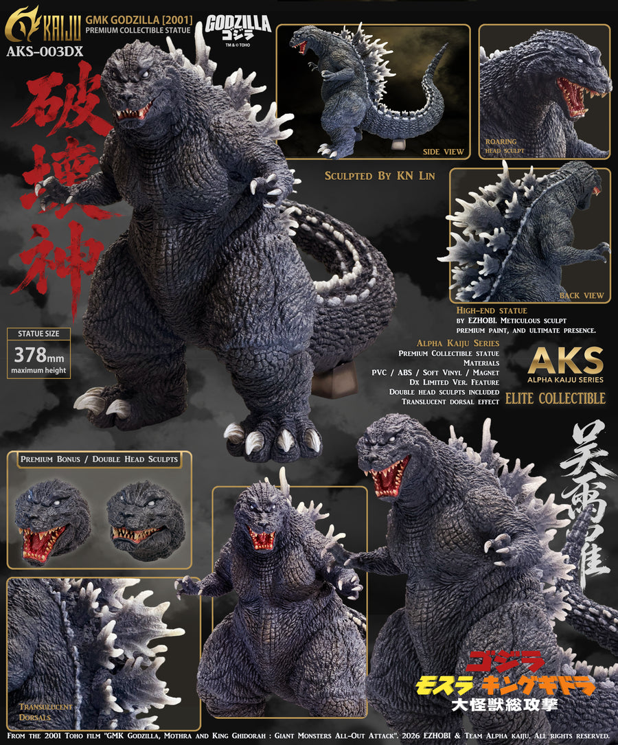 EZHOBI Alpha Kaiju Series AKS-003DX GMK Godzilla 2001 DX collectible statue showing multiple views, two interchangeable head sculpts and translucent dorsal fins